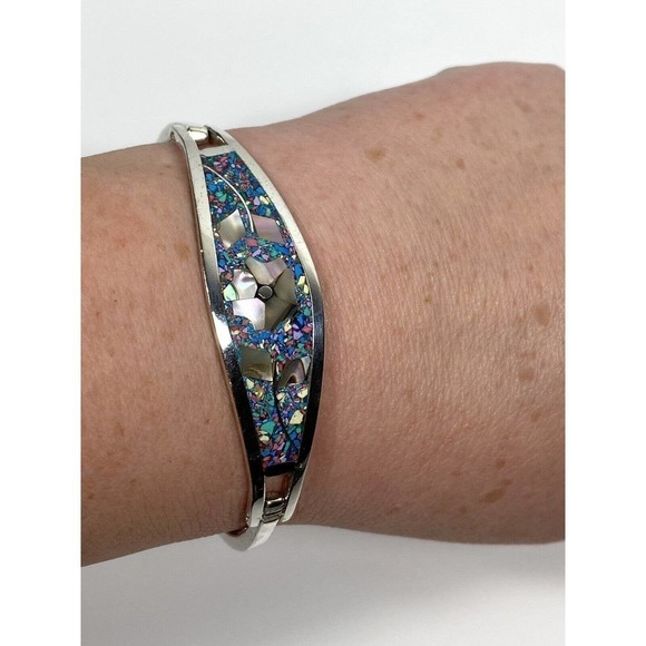 Alpaca Bracelet Turquoise Mother of Pearl Inlay Flowers 6.5” Cuff Bangle Blue - Picture 5 of 15